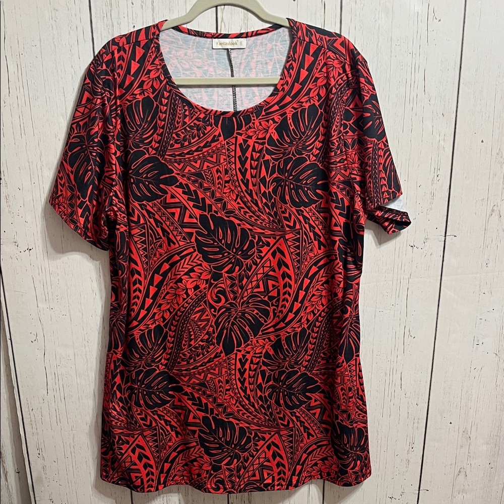Chic Red and Black Patterned Blouse